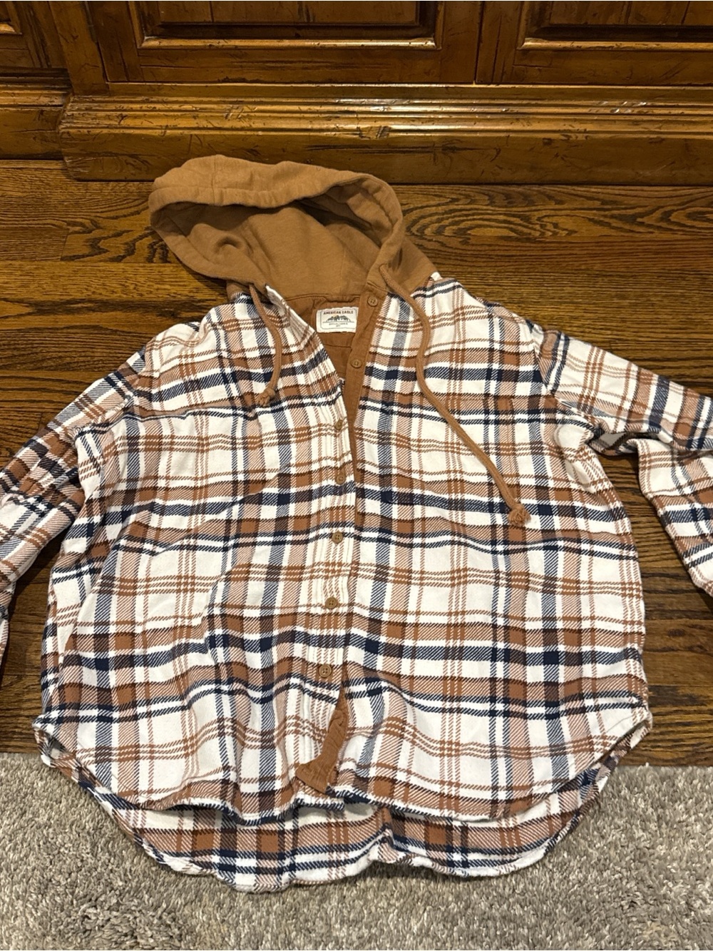 American Eagle Outfitters Plaid Hooded Button-Up in Brown, White & Navy